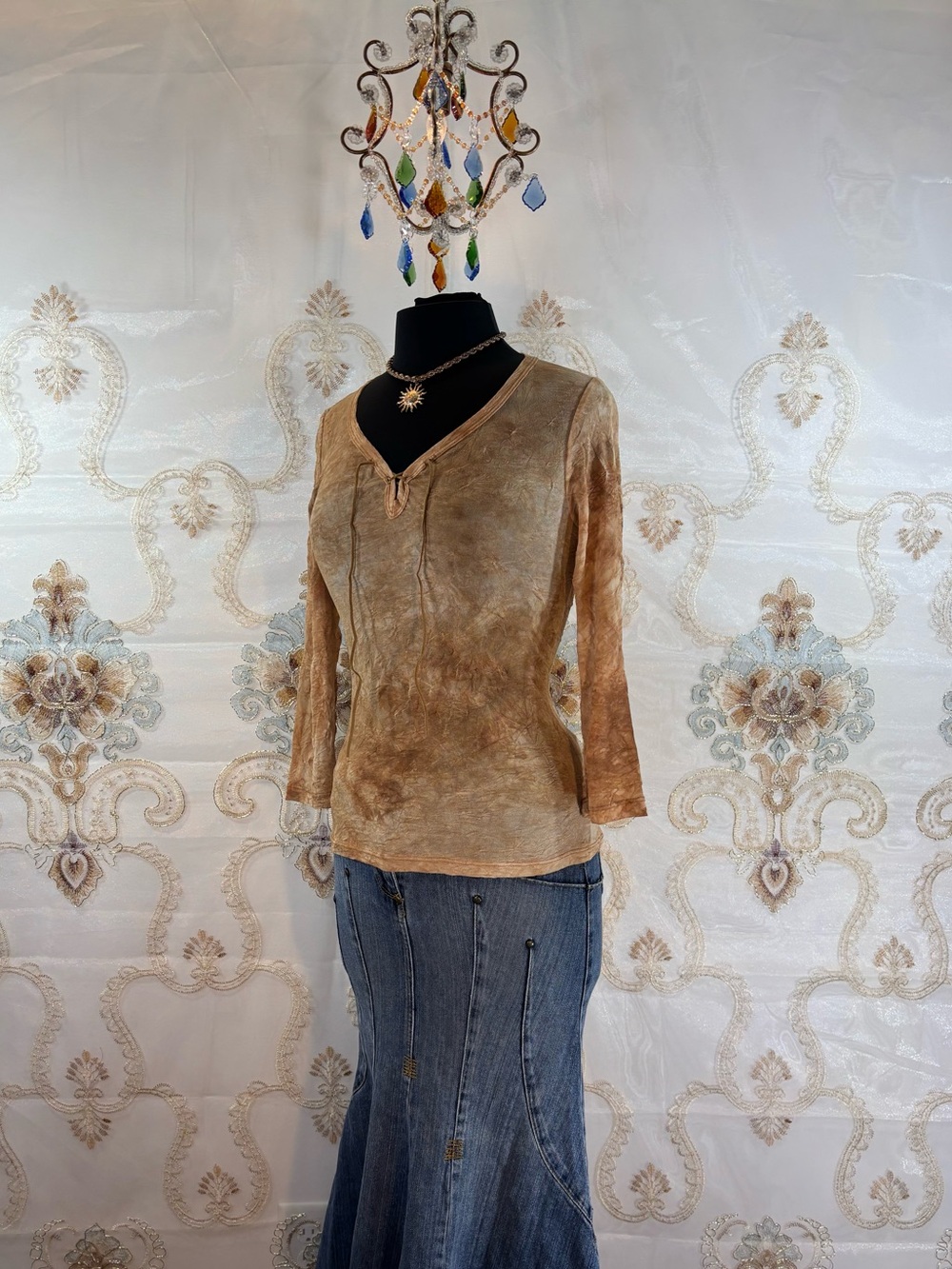 ✨Vintage Y2K Boho Tan Tie Dye Crinkle Lace Up Top✨
